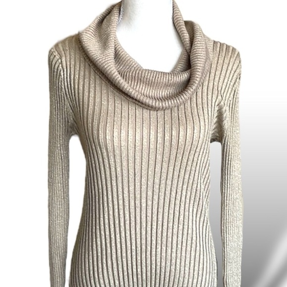 United States Sweaters Cowl Neck Sweater Sparkling Metallic Gold Ribbed Knit SzM - Picture 1 of 11